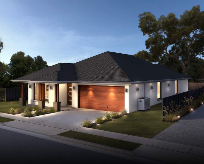 Modern single-story house with a dark hip roof, white exterior wall & wooden double garage doors