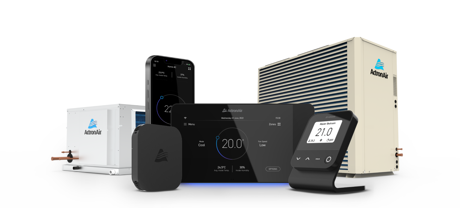 A set of AtomAir-branded HVAC units, control panels, and a smartphone displaying temperature and climate control interfaces.