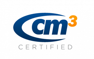 Logo with the text "cm³ CERTIFIED" in blue and orange, featuring a curved line above